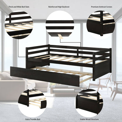 Twin Size Trundle Platform Bed Frame with  Wooden Slat Support, Dark Brown Trundle Bed Frame   at Gallery Canada