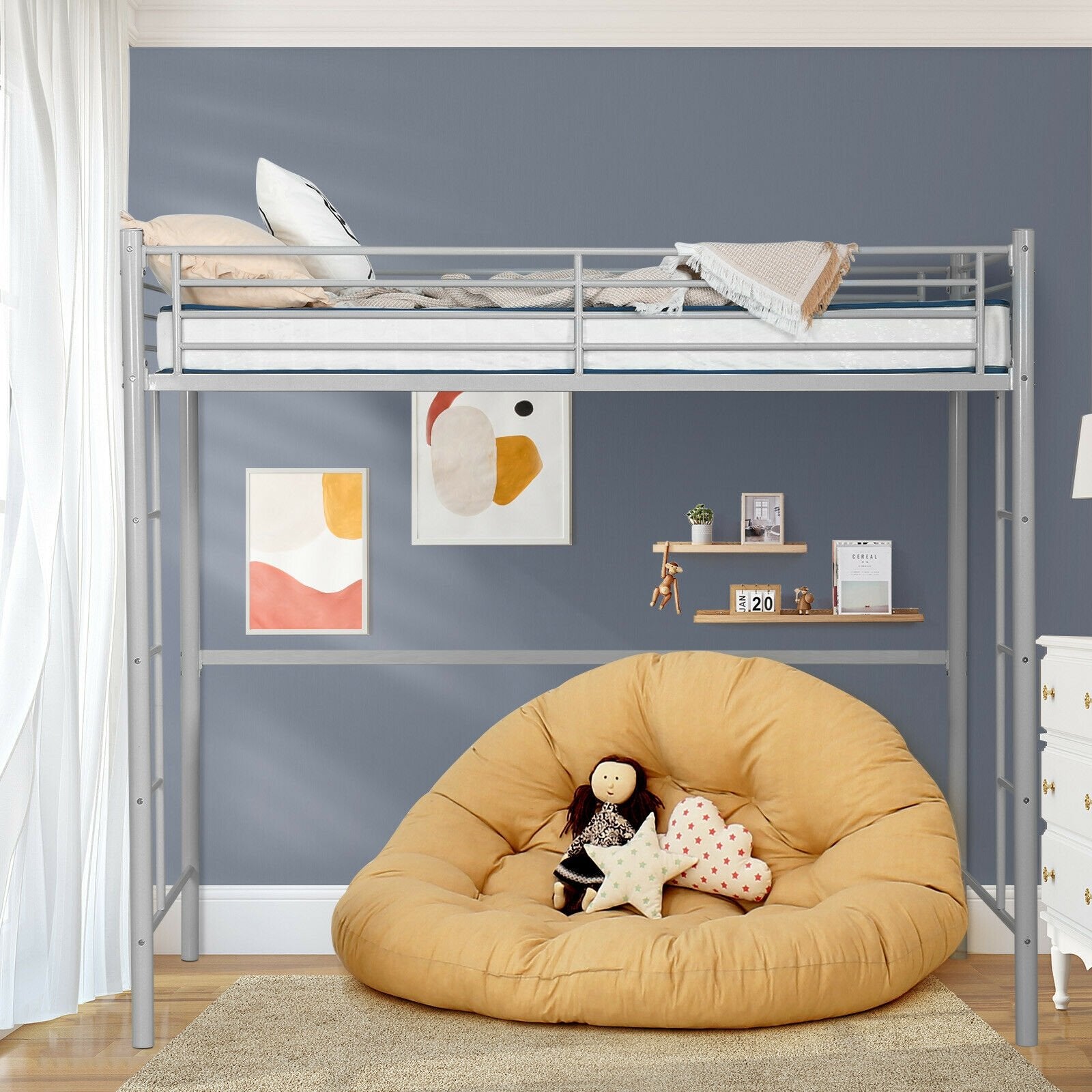 Twin Loft Bed Frame with 2 Ladders Full-length Guardrail, Silver Bunk Bed Frame   at Gallery Canada