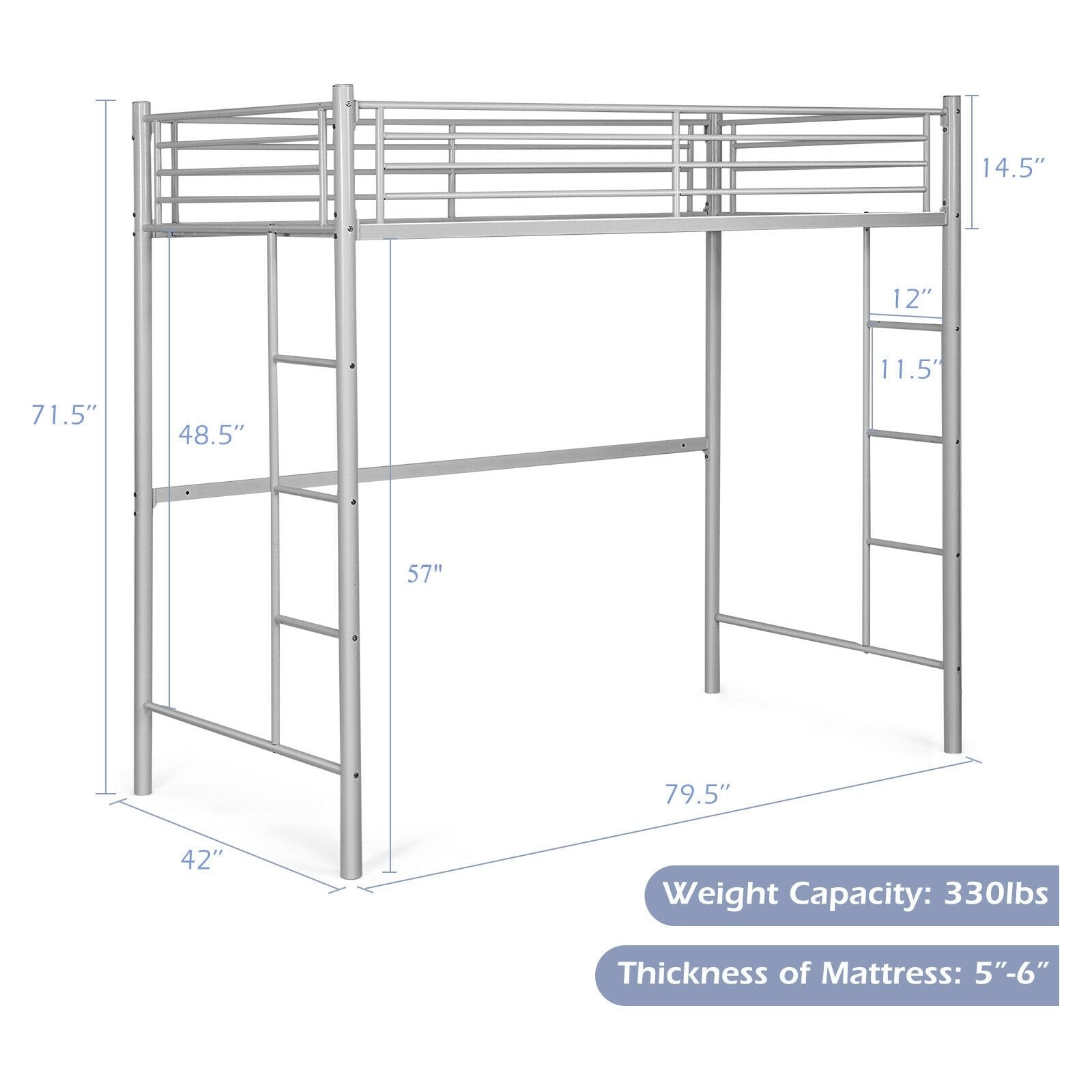 Twin Loft Bed Frame with 2 Ladders Full-length Guardrail, Silver Bunk Bed Frame   at Gallery Canada