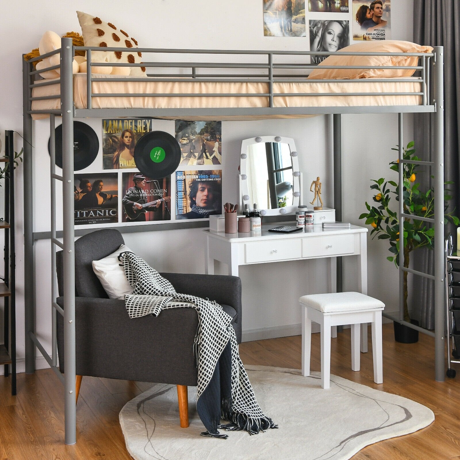 Twin Loft Bed Frame with 2 Ladders Full-length Guardrail, Silver Bunk Bed Frame   at Gallery Canada