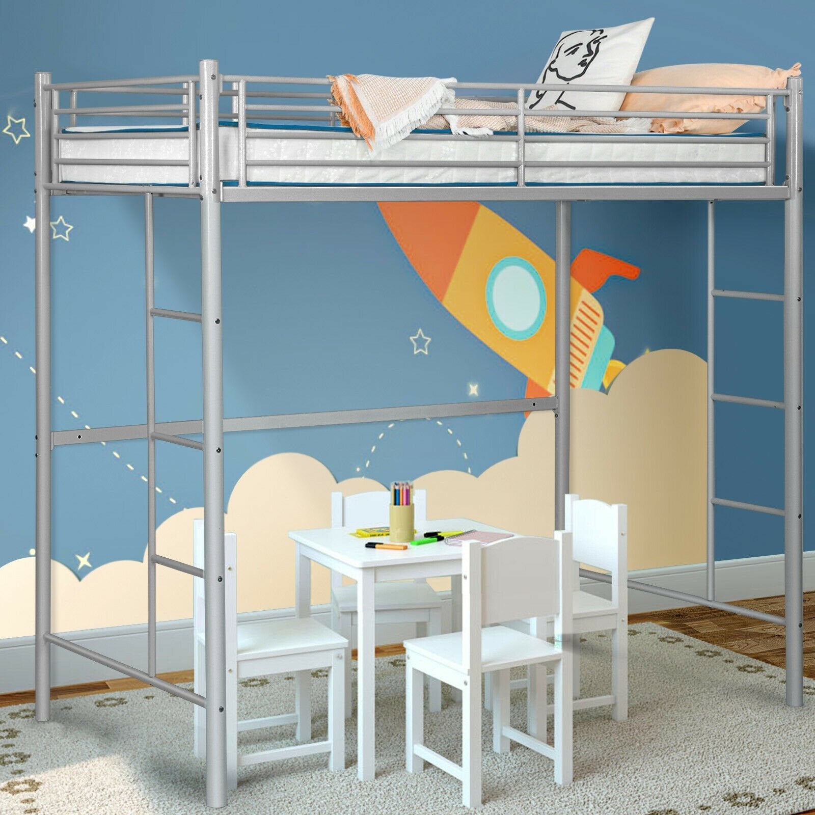 Twin Loft Bed Frame with 2 Ladders Full-length Guardrail, Silver Bunk Bed Frame   at Gallery Canada