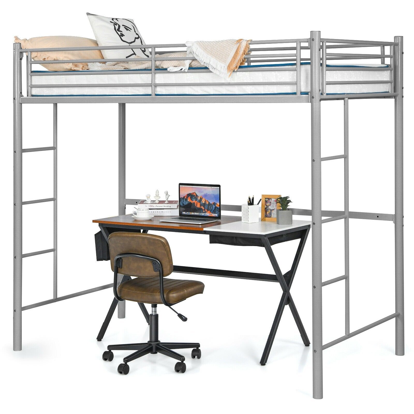 Twin Loft Bed Frame with 2 Ladders Full-length Guardrail, Silver Bunk Bed Frame   at Gallery Canada