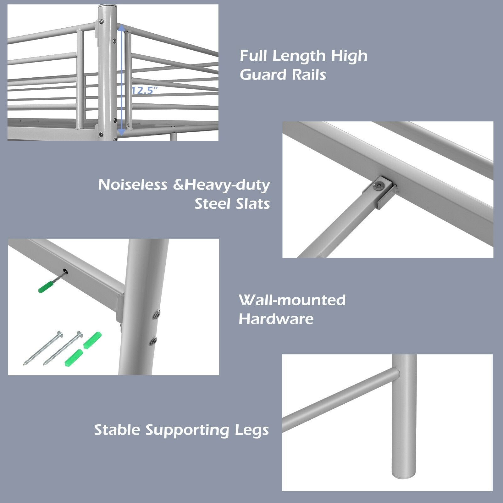 Twin Loft Bed Frame with 2 Ladders Full-length Guardrail, Silver Bunk Bed Frame   at Gallery Canada