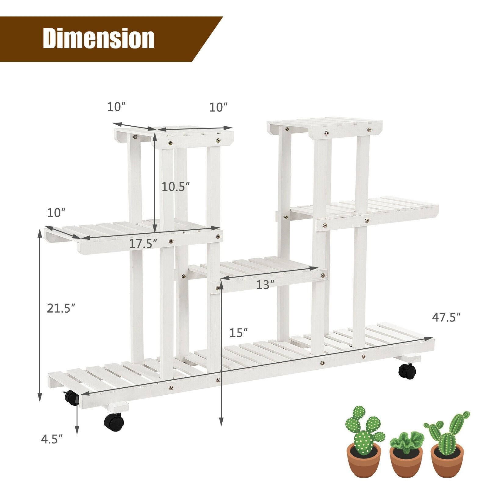 4-Tier Wood Casters Rolling Shelf Plant Stand, White Plant Stands   at Gallery Canada