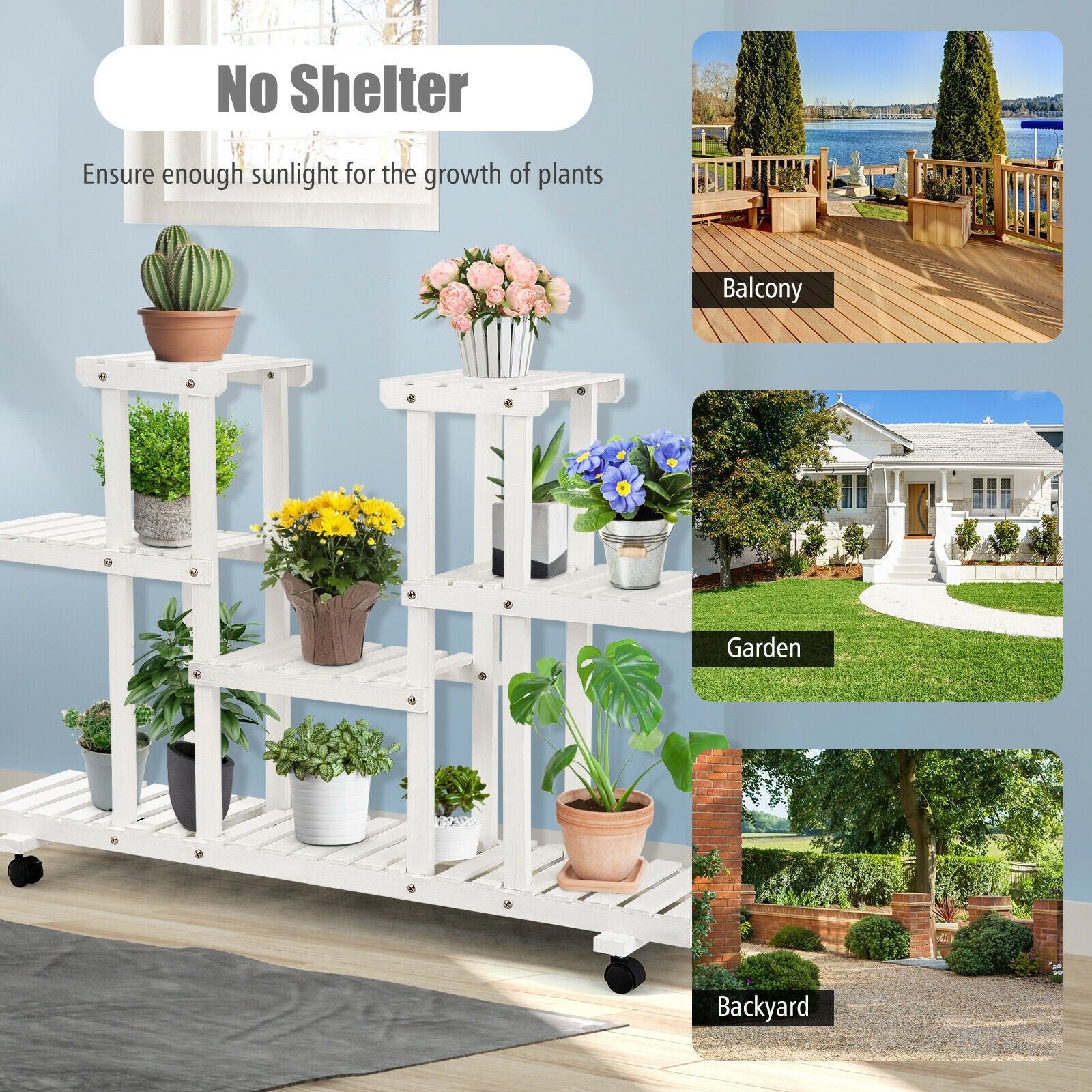 4-Tier Wood Casters Rolling Shelf Plant Stand, White Plant Stands   at Gallery Canada