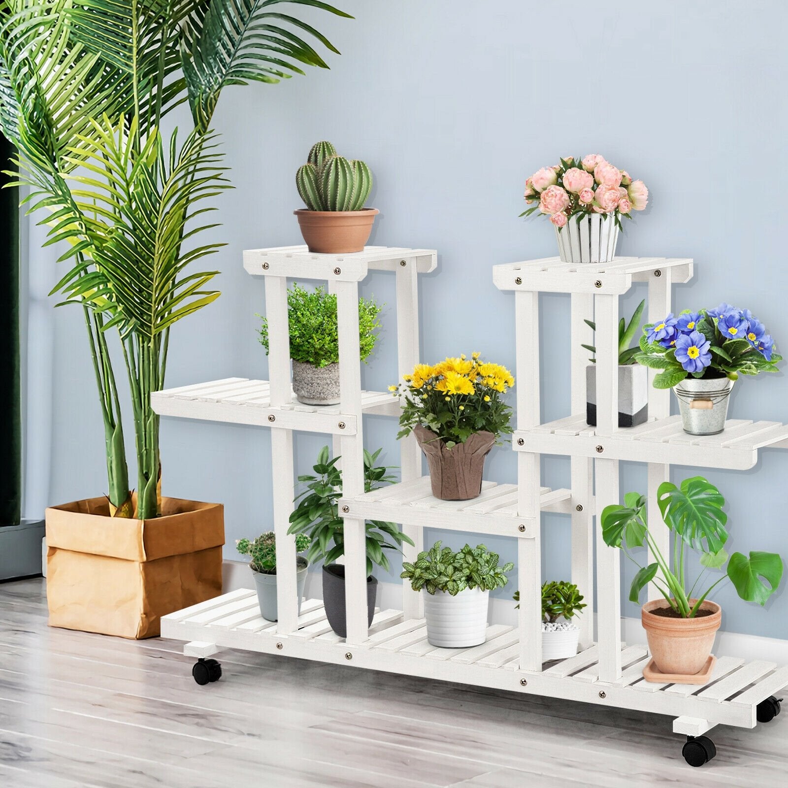 4-Tier Wood Casters Rolling Shelf Plant Stand, White Plant Stands   at Gallery Canada