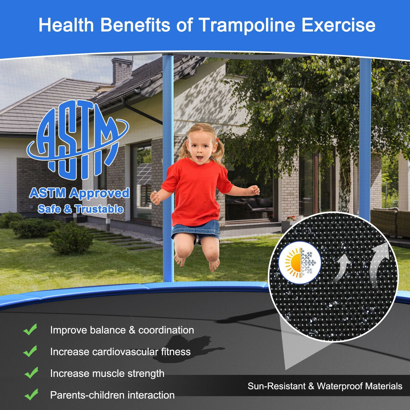 14 Feet Jumping Exercise Recreational Bounce Trampoline with Safety Net, Blue Trampolines at Gallery Canada