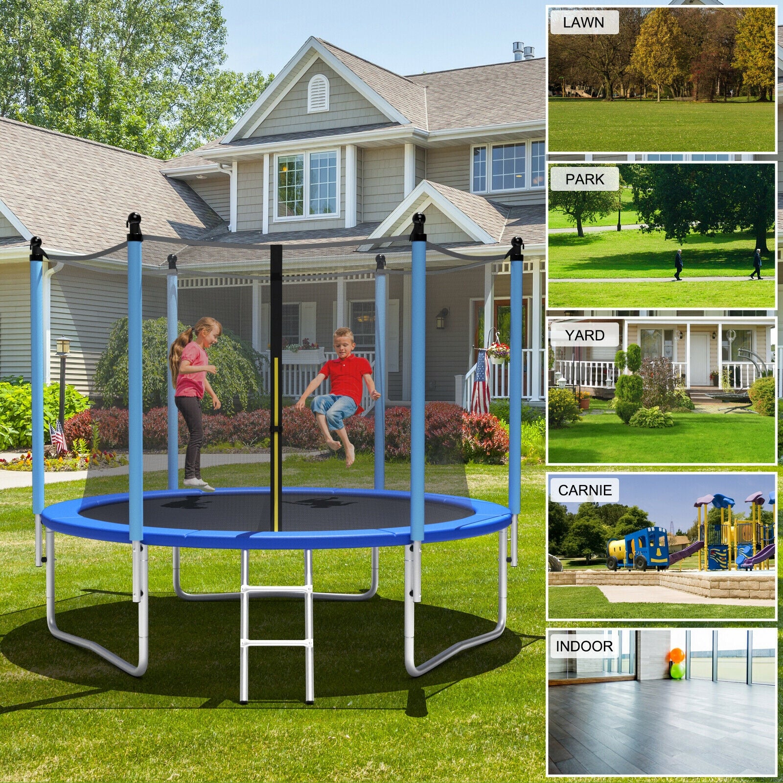 14 Feet Jumping Exercise Recreational Bounce Trampoline with Safety Net, Blue Trampolines at Gallery Canada