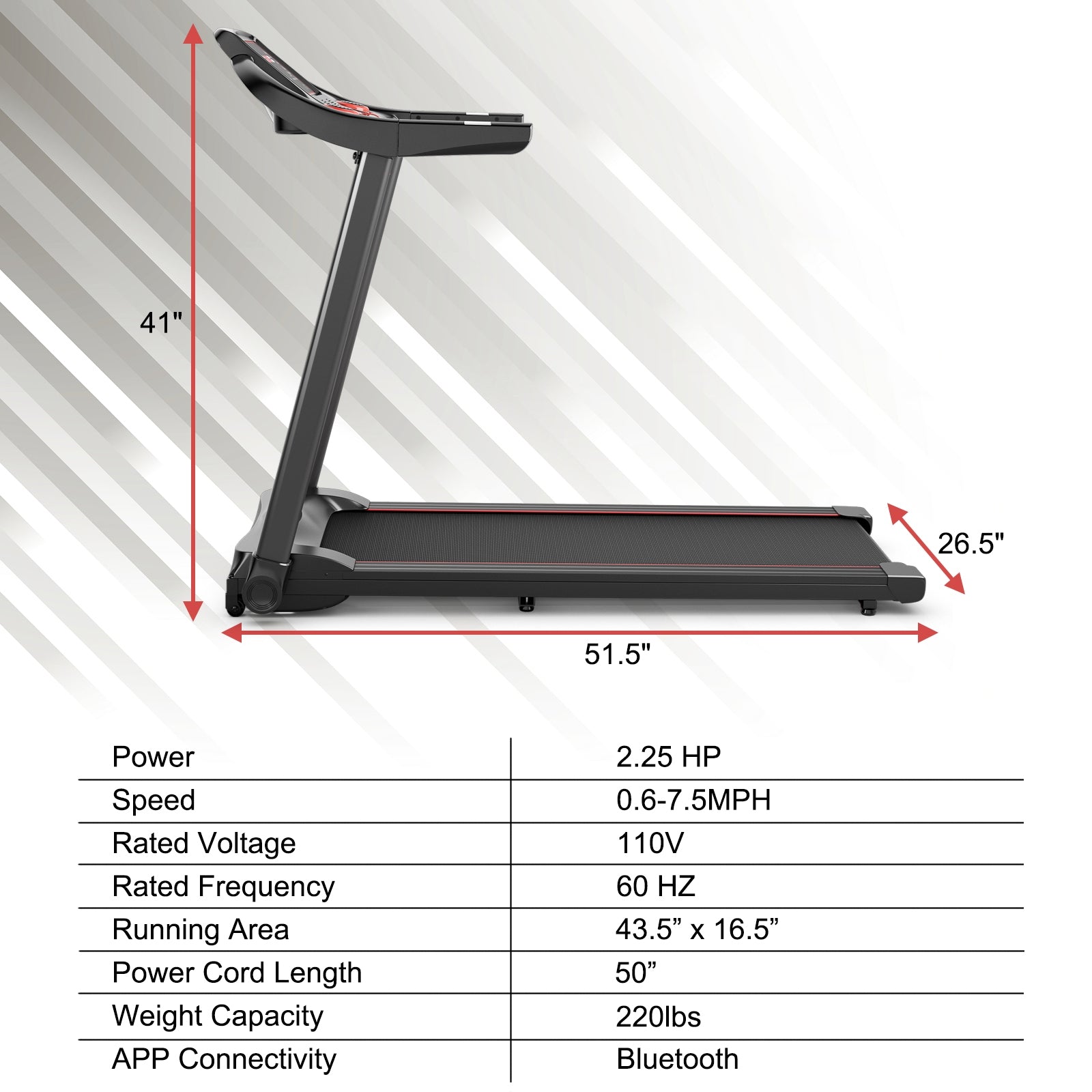 2.25HP Electric Running Machine Treadmill with Speaker and APP Control, Red Treadmills   at Gallery Canada