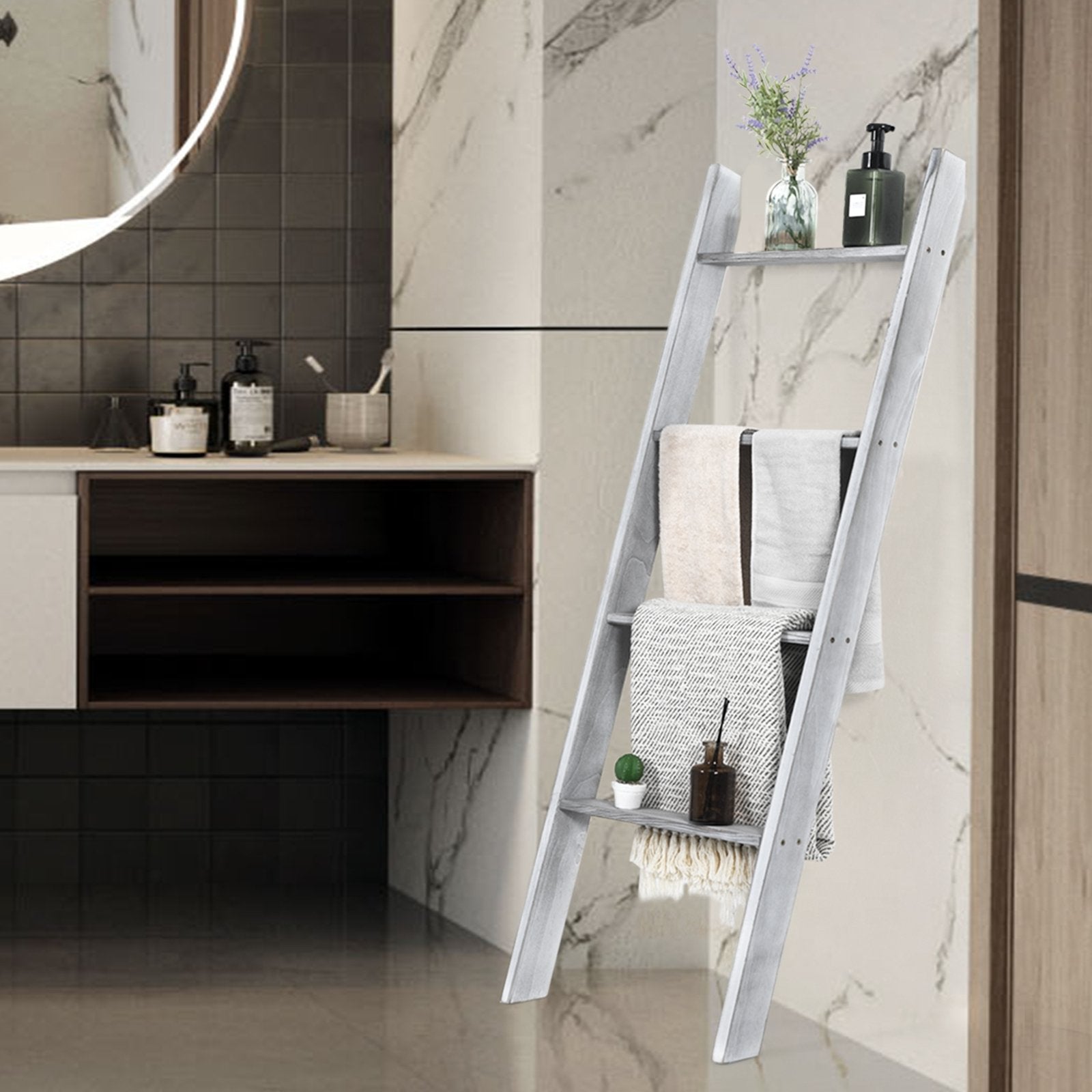 4-Tier Wall Leaning Ladder Shelf Stand, Gray Towel Racks   at Gallery Canada