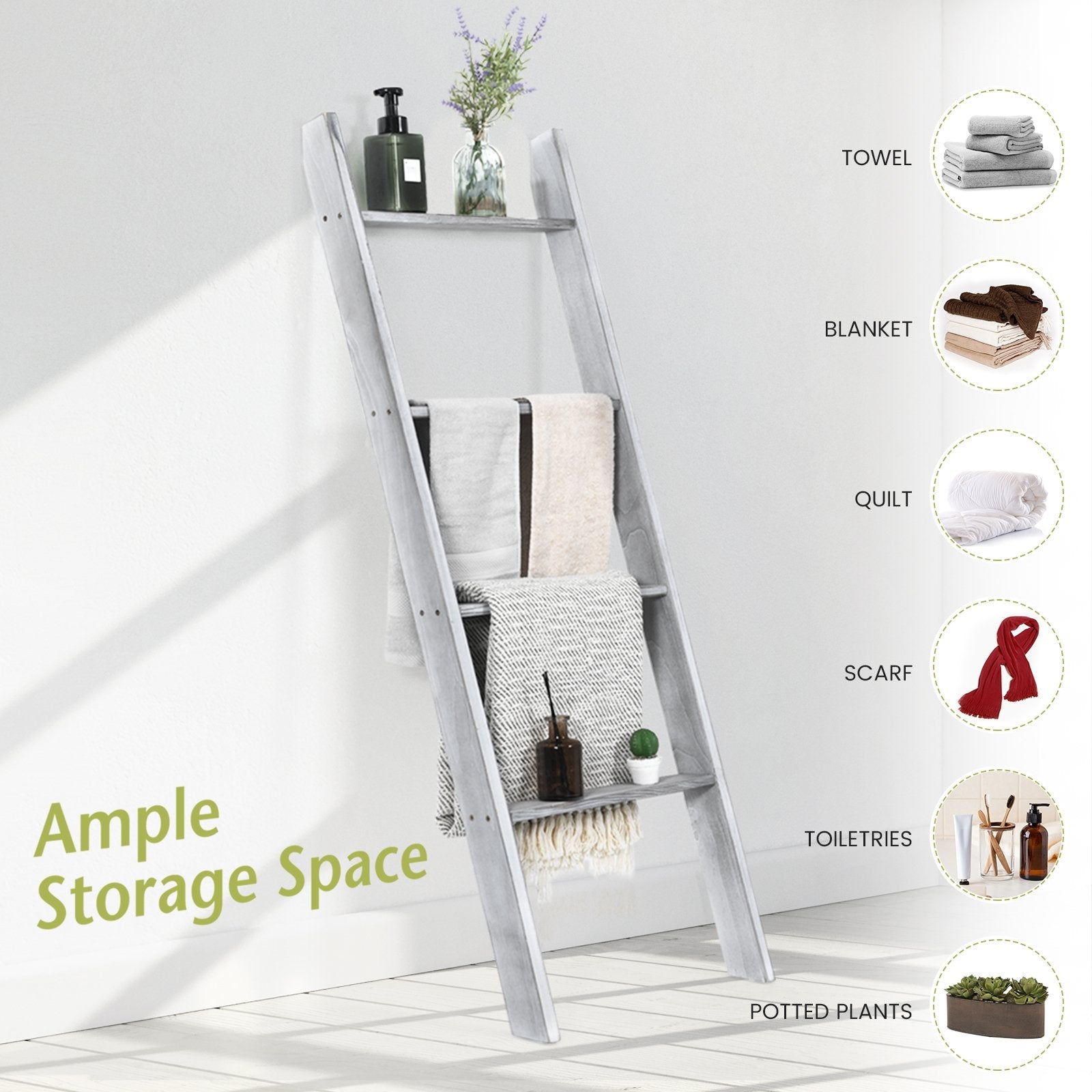 4-Tier Wall Leaning Ladder Shelf Stand, Gray Towel Racks   at Gallery Canada