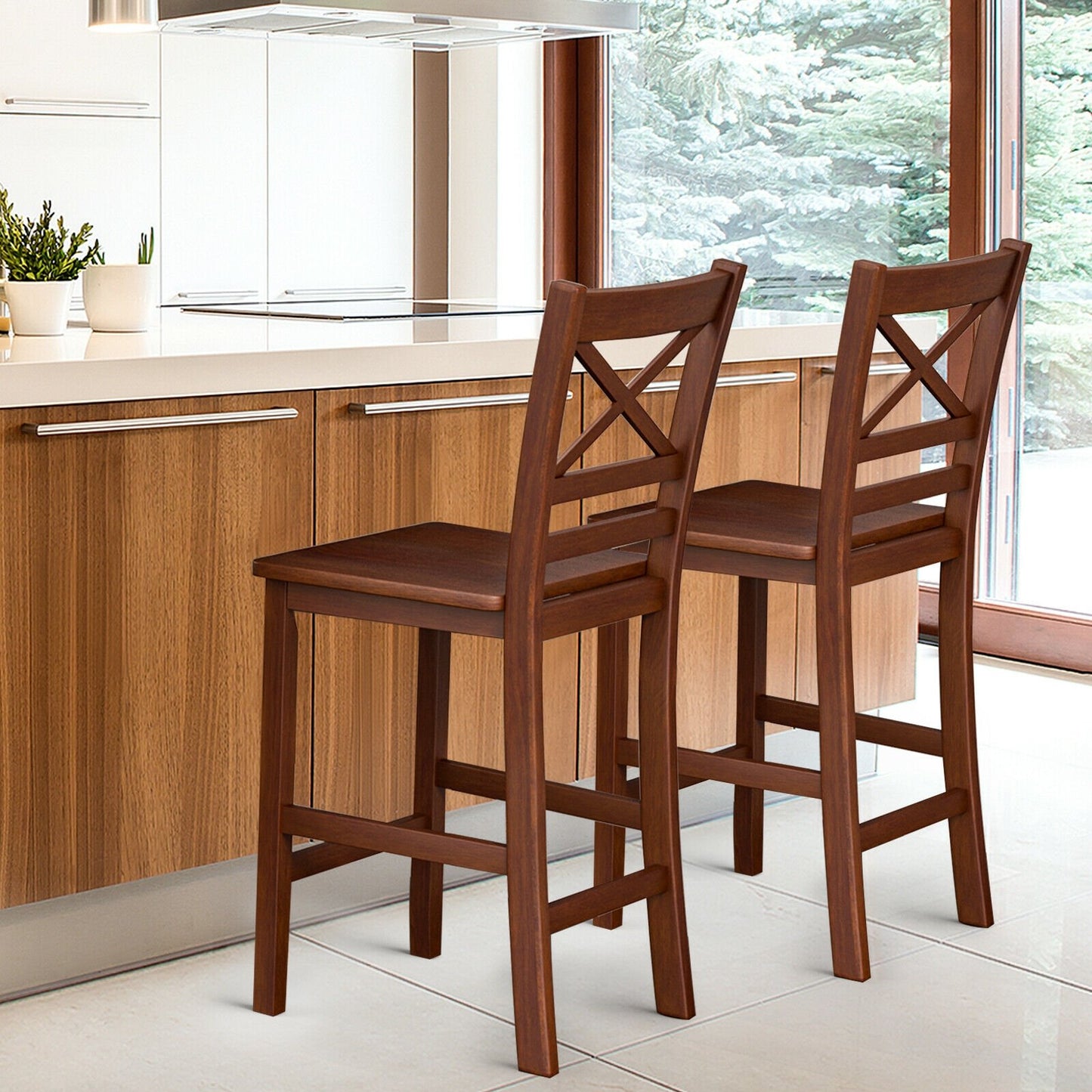 Set of 2 Bar Stools 25 Inch Counter Height Chairs with Rubber Wood Legs, Walnut Bar Stools   at Gallery Canada