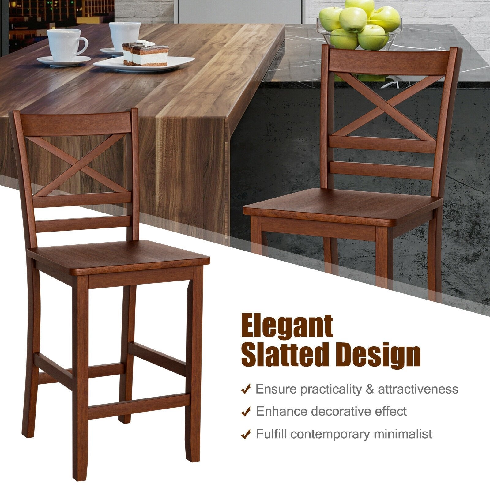 Set of 2 Bar Stools 25 Inch Counter Height Chairs with Rubber Wood Legs, Walnut Bar Stools   at Gallery Canada