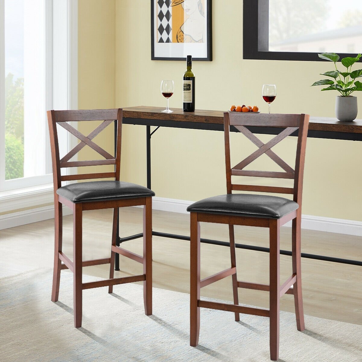 Set of 2 Bar Stools 25 Inch Counter Height Chairs with PU Leather Seat, Walnut Bar Stools   at Gallery Canada