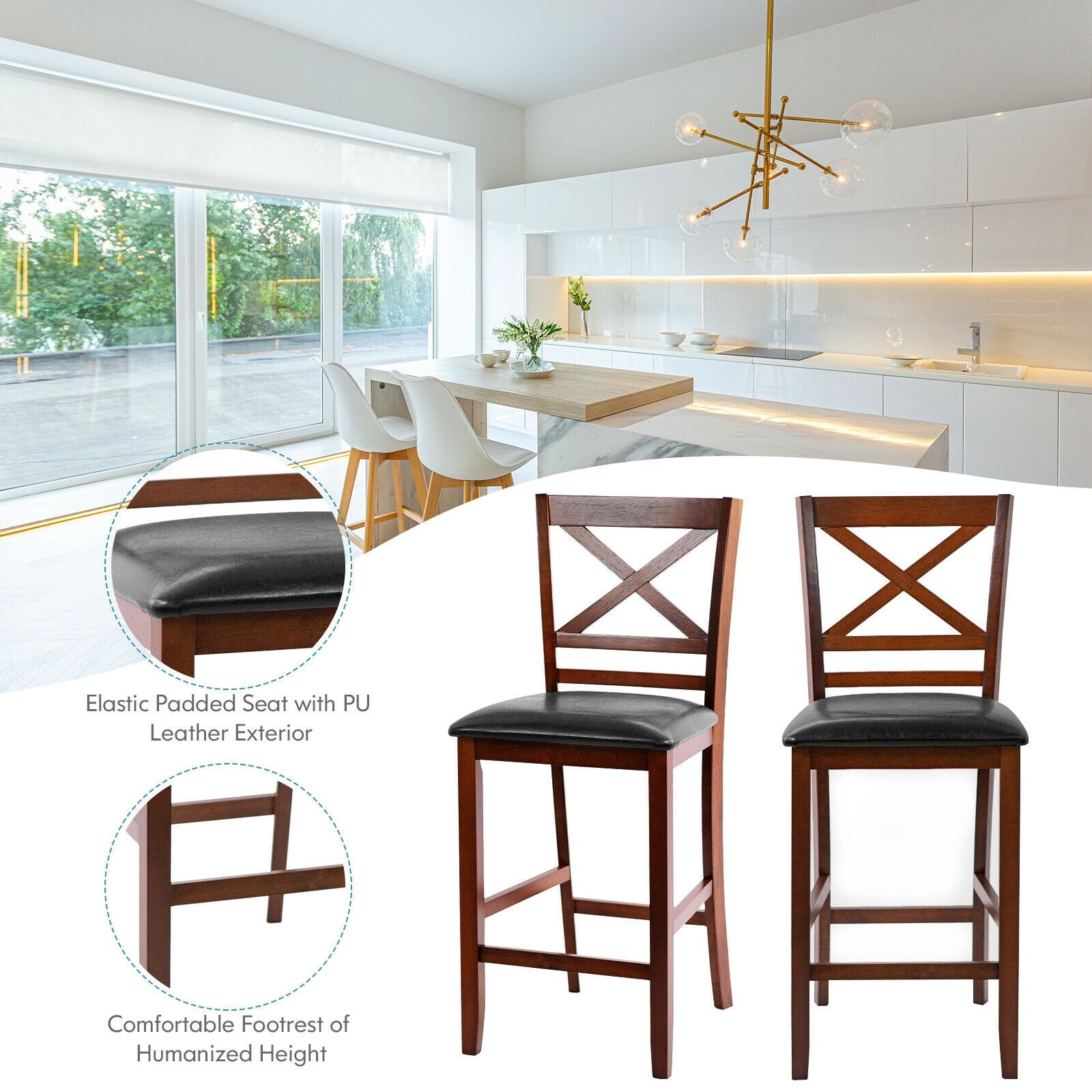 Set of 2 Bar Stools 25 Inch Counter Height Chairs with PU Leather Seat, Walnut - Gallery Canada