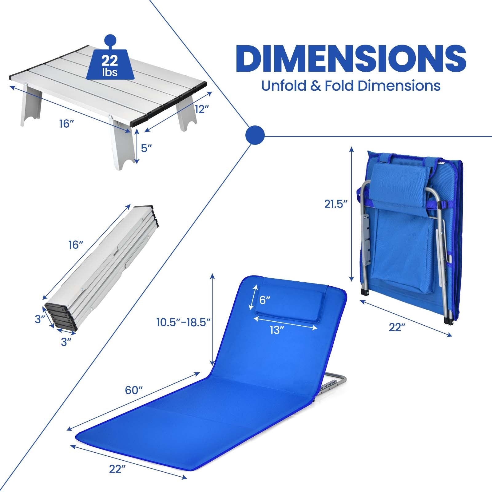 3 Pieces Beach Lounge Chair Mat Set 2 Adjustable Lounge Chairs with Table Stripe, Blue Beach & Lawn Chairs at Gallery Canada