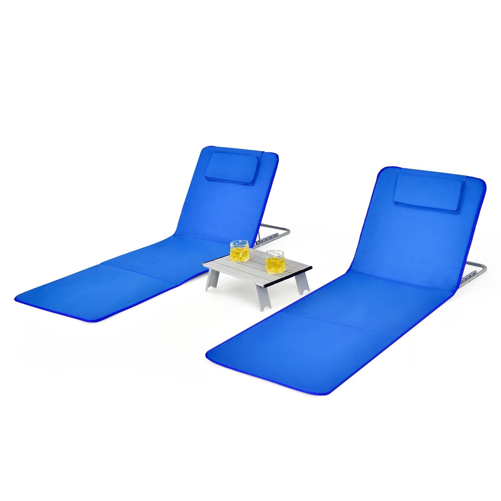 3 Pieces Beach Lounge Chair Mat Set 2 Adjustable Lounge Chairs with Table Stripe, Blue Beach & Lawn Chairs at Gallery Canada