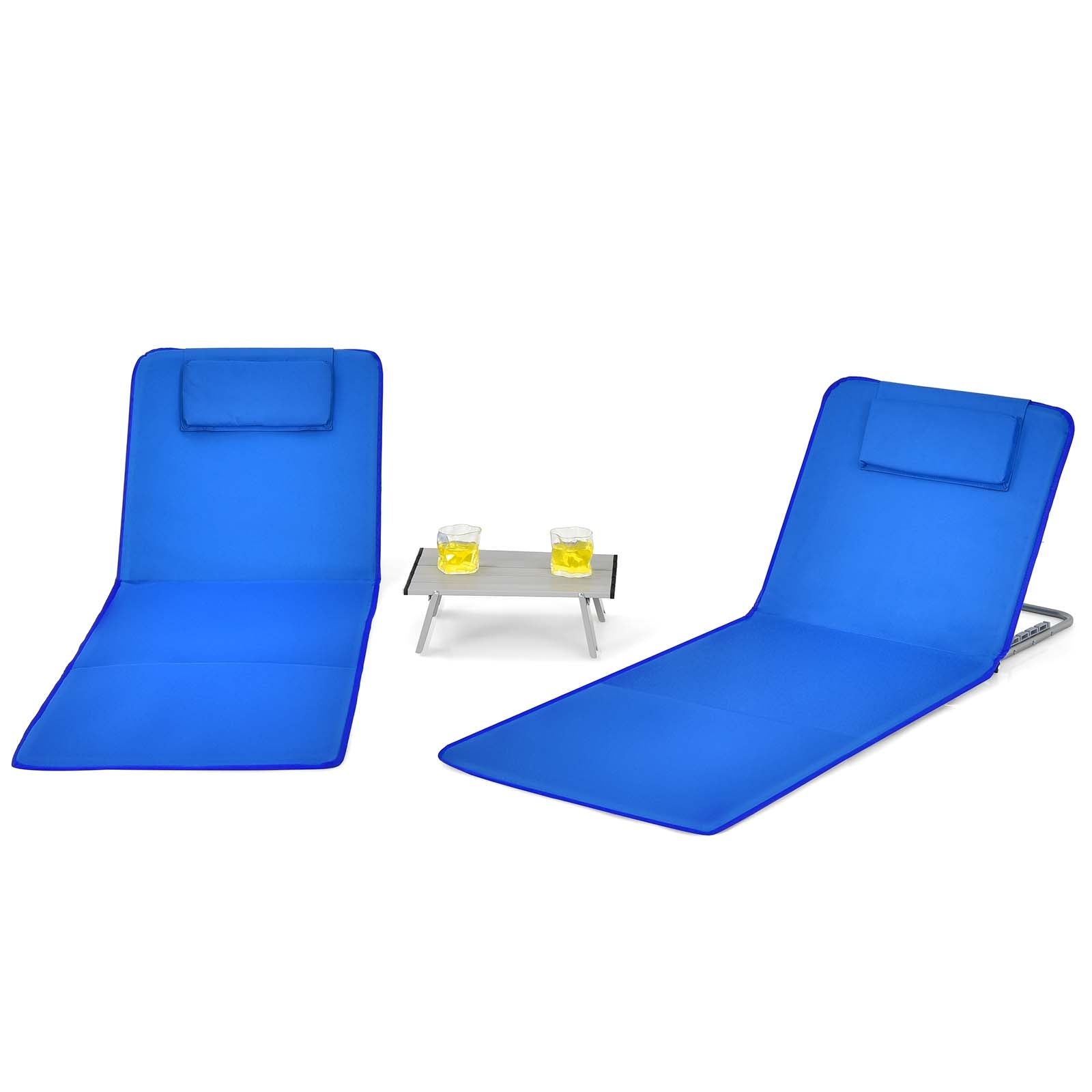 3 Pieces Beach Lounge Chair Mat Set 2 Adjustable Lounge Chairs with Table Stripe, Blue Beach & Lawn Chairs at Gallery Canada