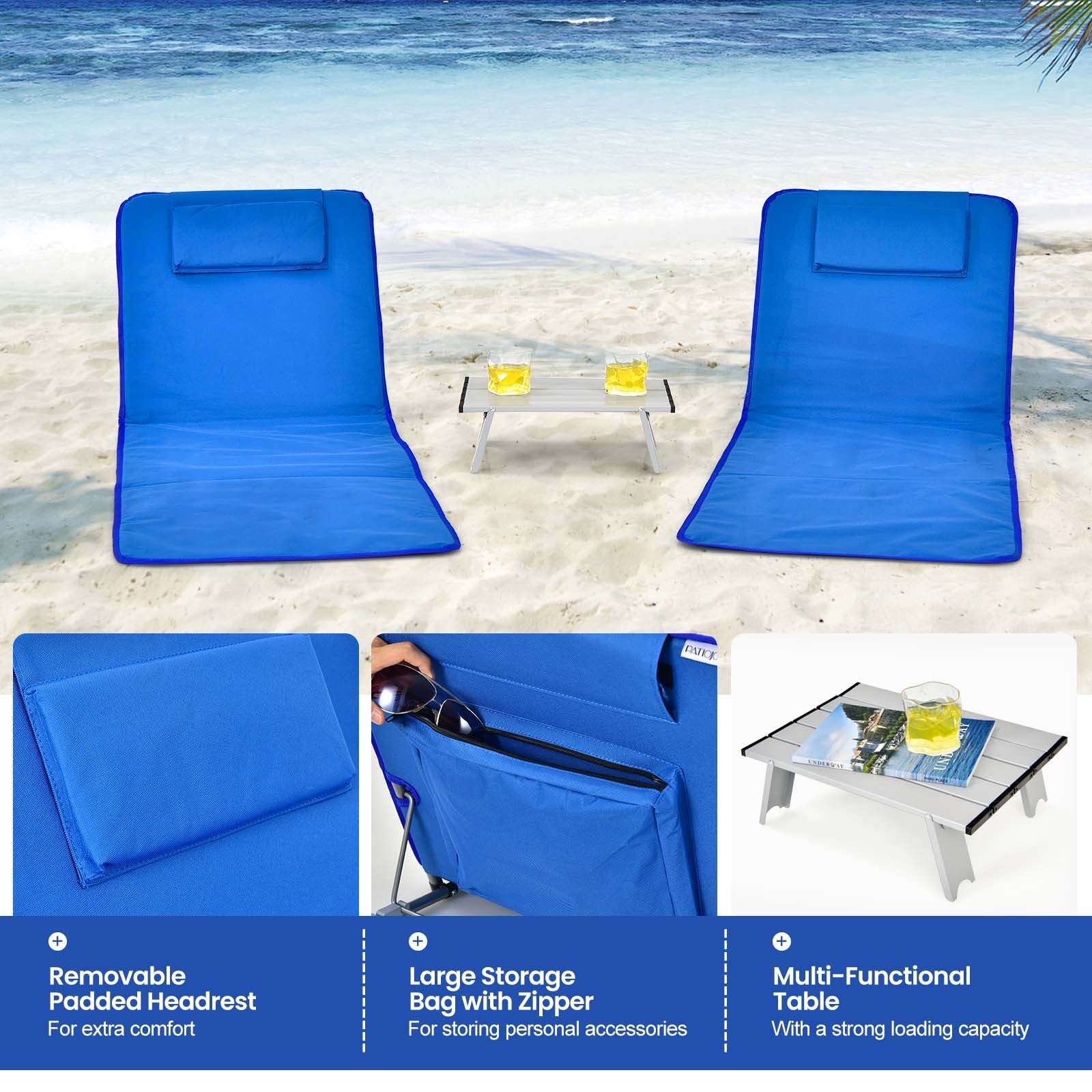 3 Pieces Beach Lounge Chair Mat Set 2 Adjustable Lounge Chairs with Table Stripe, Blue Beach & Lawn Chairs at Gallery Canada