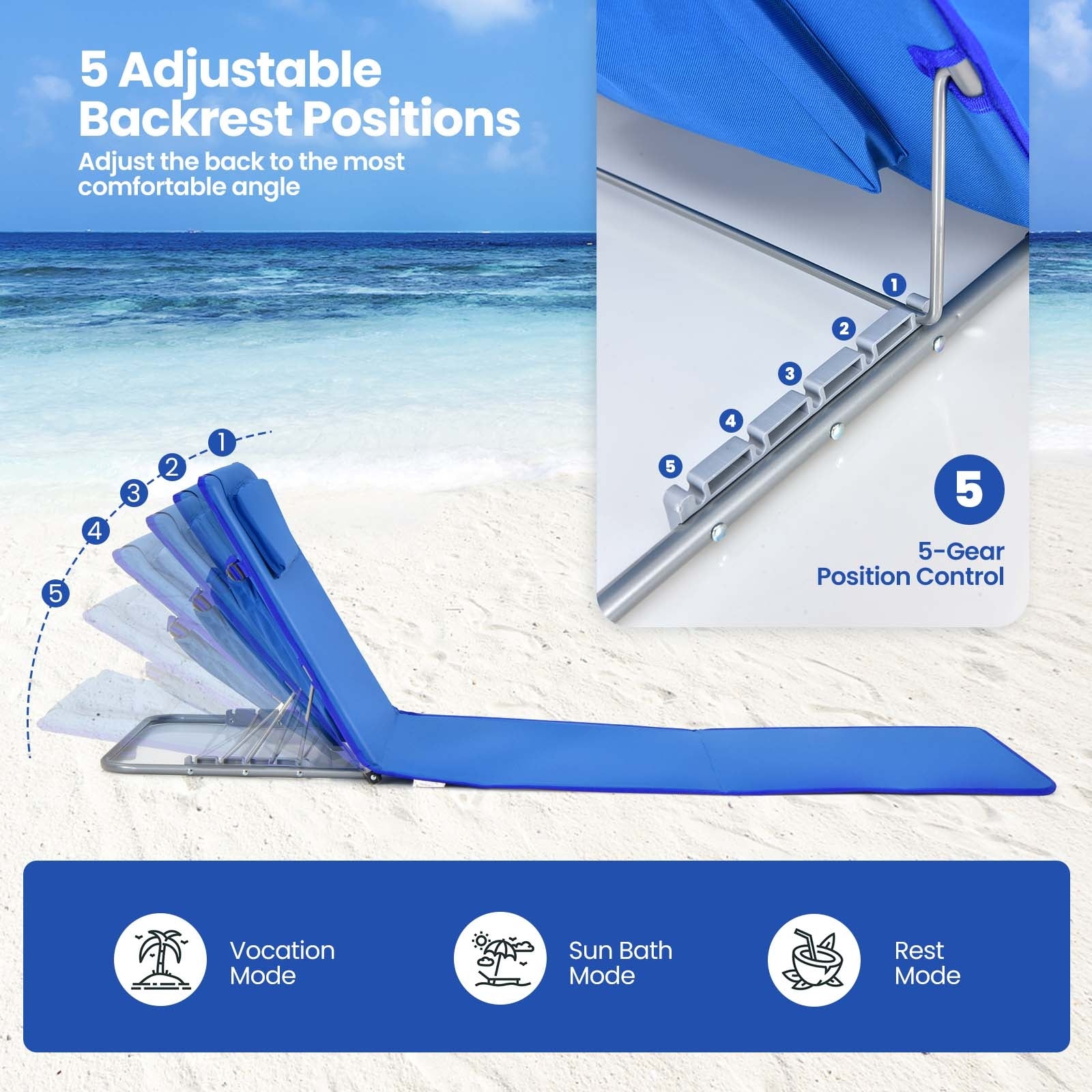 3 Pieces Beach Lounge Chair Mat Set 2 Adjustable Lounge Chairs with Table Stripe, Blue Beach & Lawn Chairs at Gallery Canada