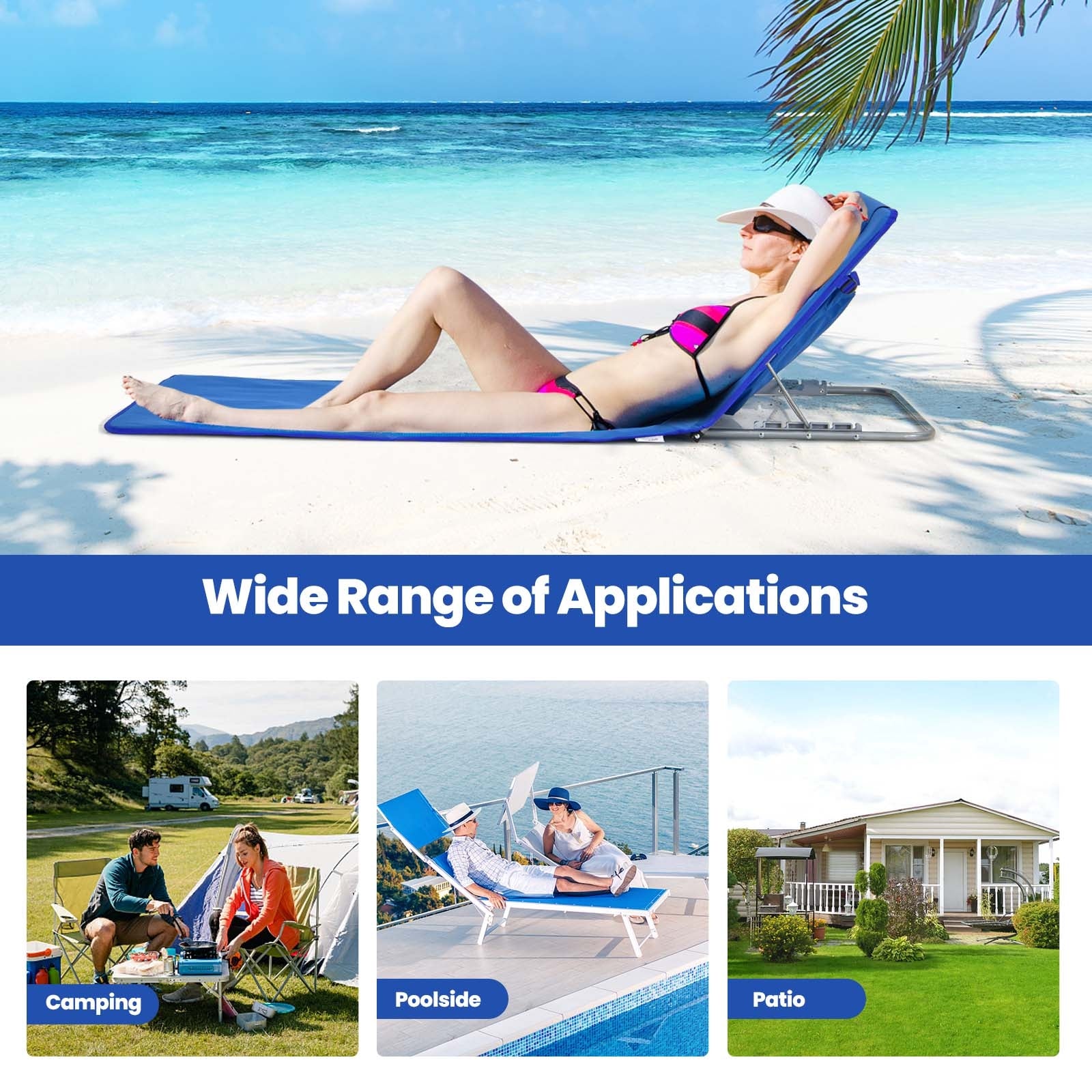 3 Pieces Beach Lounge Chair Mat Set 2 Adjustable Lounge Chairs with Table Stripe, Blue Beach & Lawn Chairs at Gallery Canada