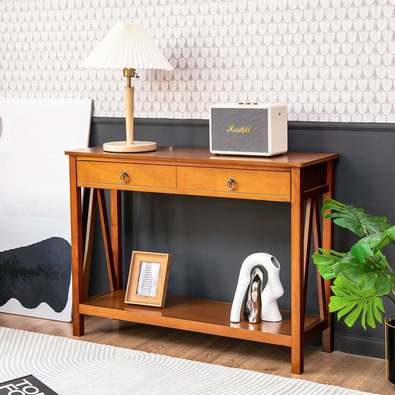 Console Table with 2 Drawer Storage Shelf for Entryway Hallway, Natural - Gallery Canada