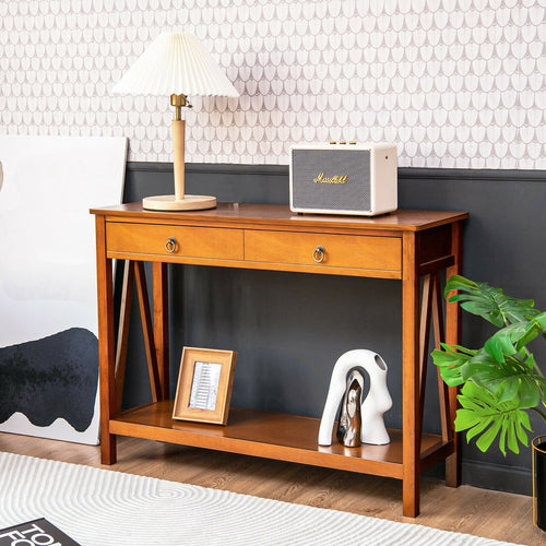 Console Table with 2 Drawer Storage Shelf for Entryway Hallway, Natural