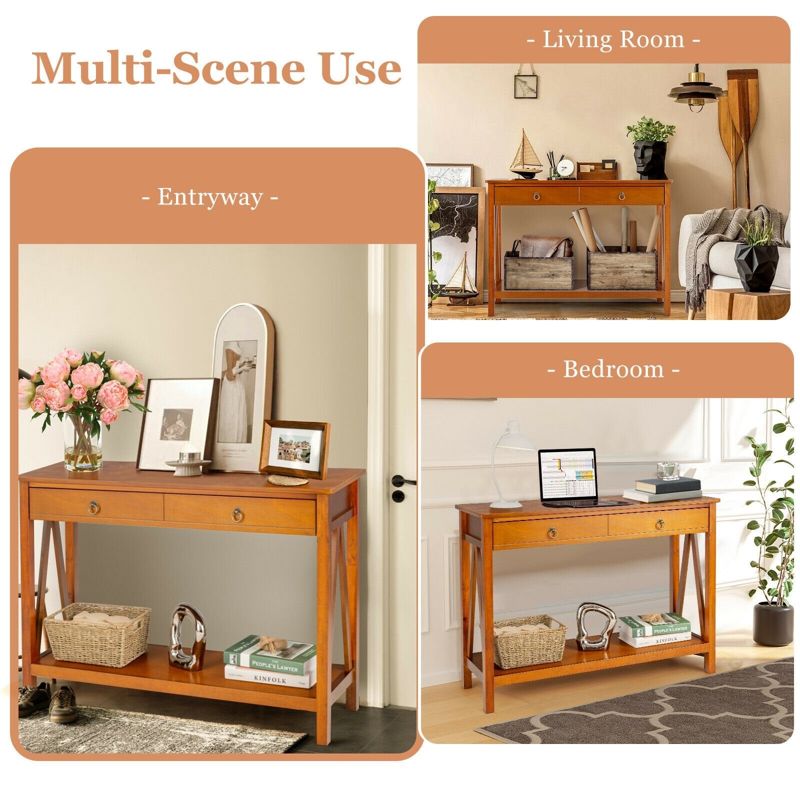 Console Table with 2 Drawer Storage Shelf for Entryway Hallway, Natural - Gallery Canada