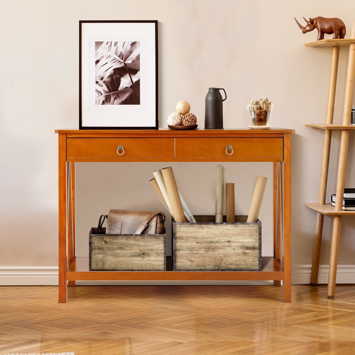 Console Table with 2 Drawer Storage Shelf for Entryway Hallway, Natural - Gallery Canada