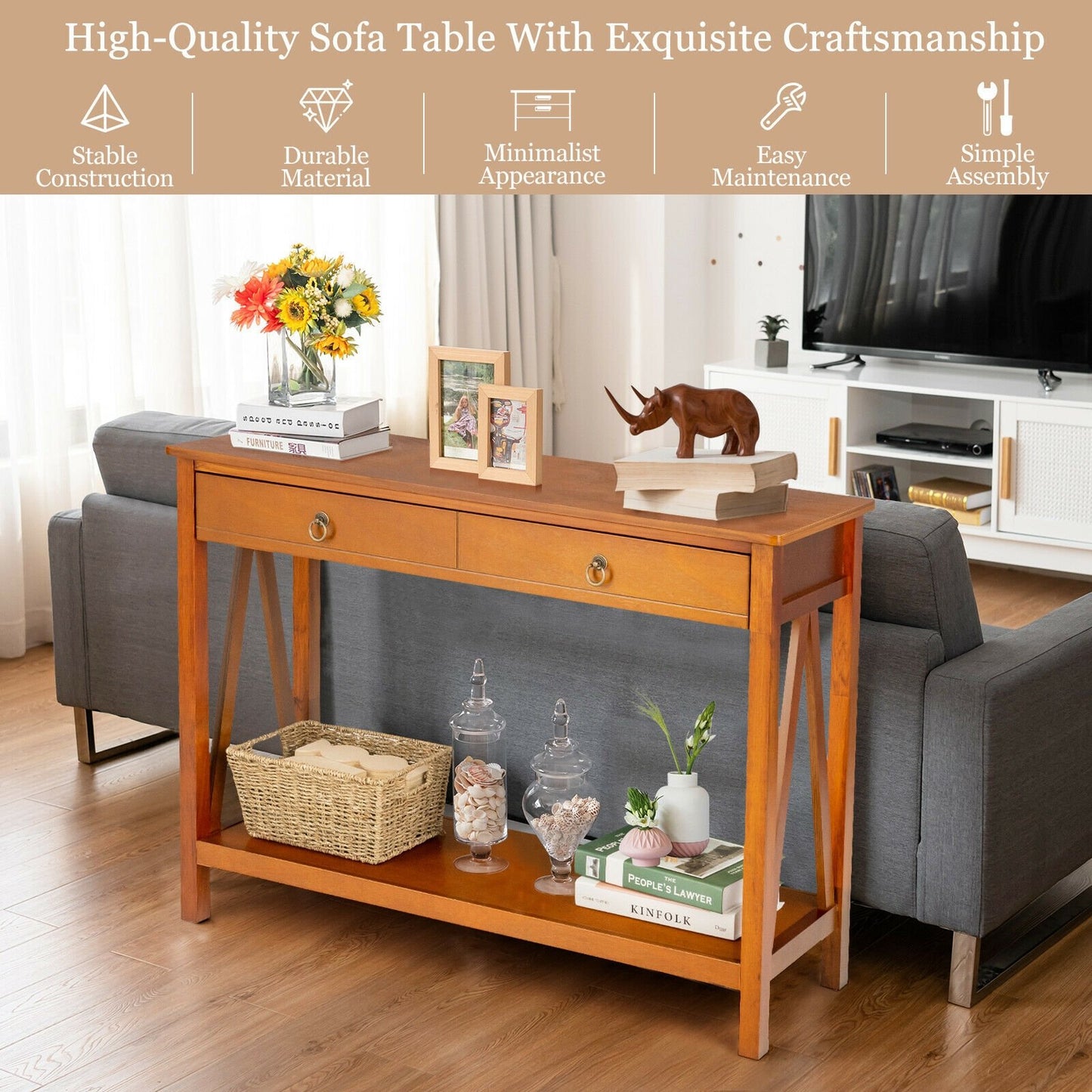 Console Table with 2 Drawer Storage Shelf for Entryway Hallway, Natural Console Tables   at Gallery Canada