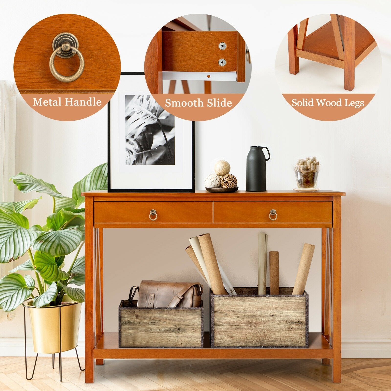 Console Table with 2 Drawer Storage Shelf for Entryway Hallway, Natural Console Tables   at Gallery Canada