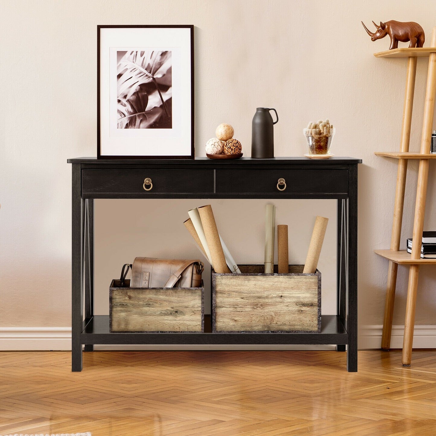 Console Table with 2 Drawer Storage Shelf for Entryway Hallway, Black - Gallery Canada