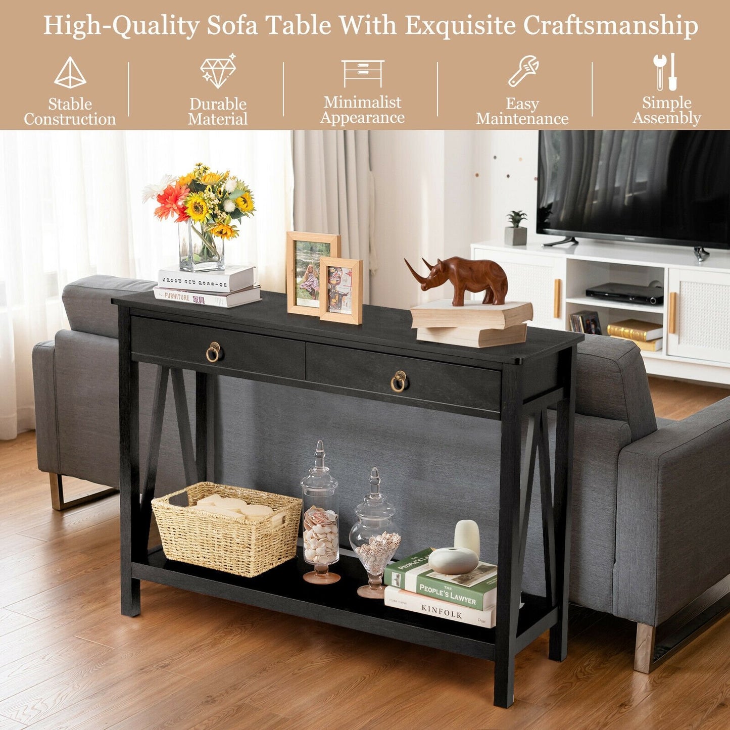 Console Table with 2 Drawer Storage Shelf for Entryway Hallway, Black Console Tables   at Gallery Canada