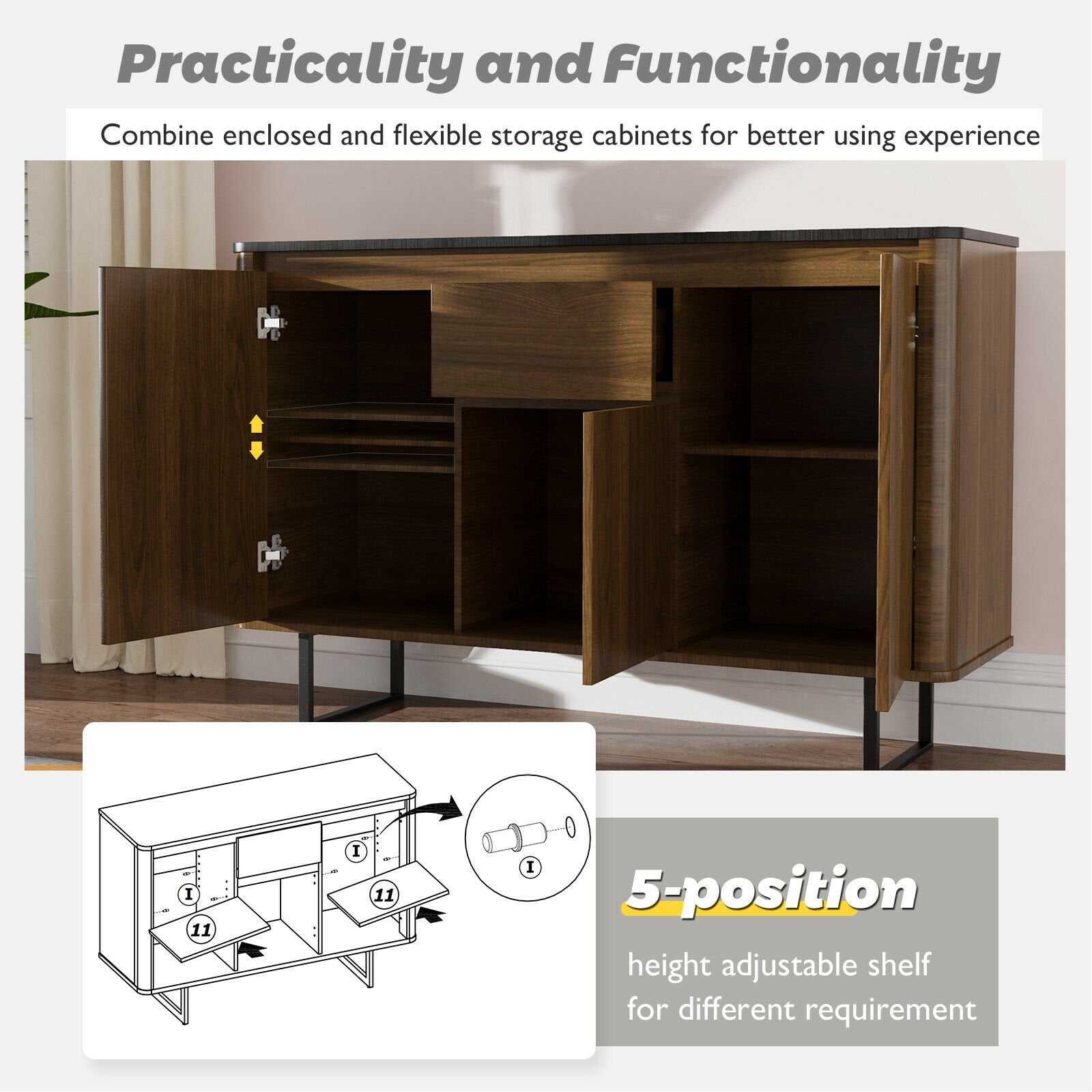 3-Door Kitchen Buffet Sideboard with Drawer for Living Room Dining Room, Brown Sideboards Cabinets & Buffets   at Gallery Canada