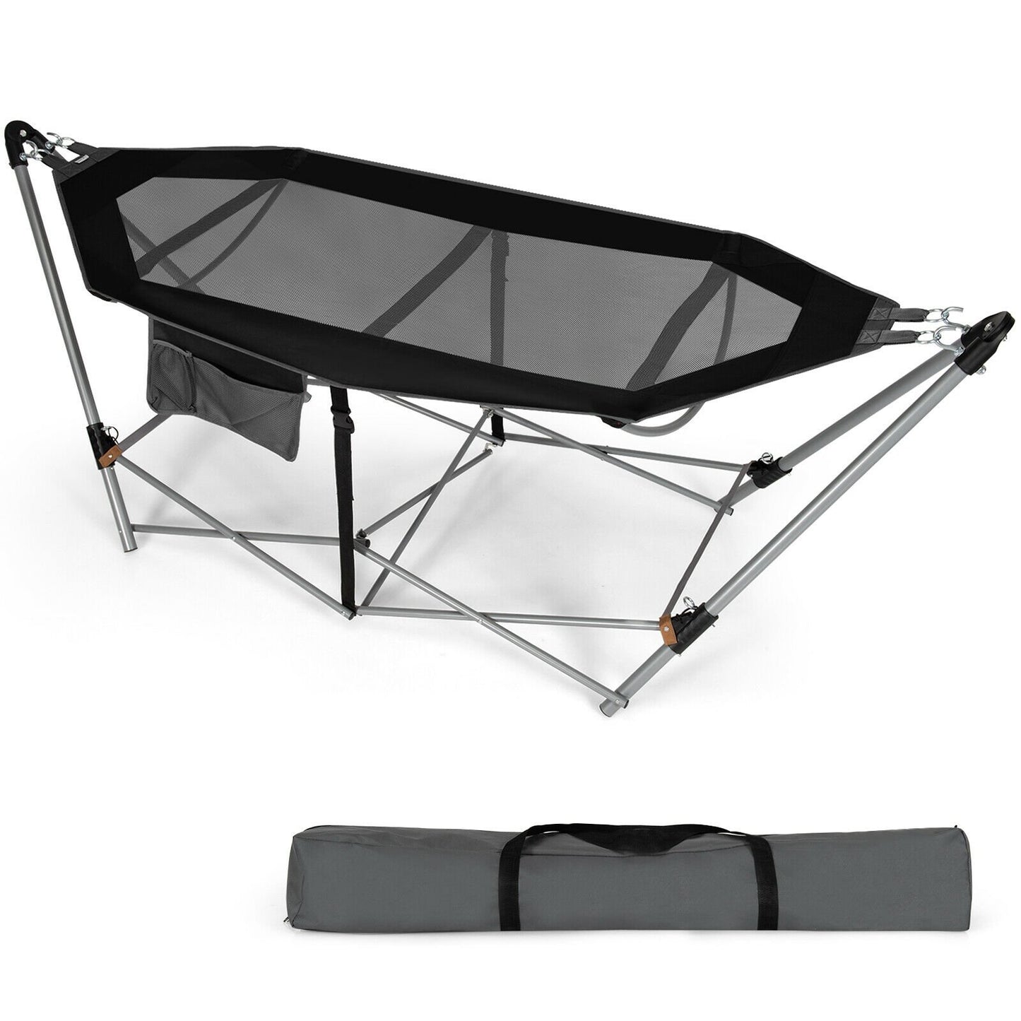 Folding Hammock Indoor Outdoor Hammock with Side Pocket and Iron Stand, Black - Gallery Canada