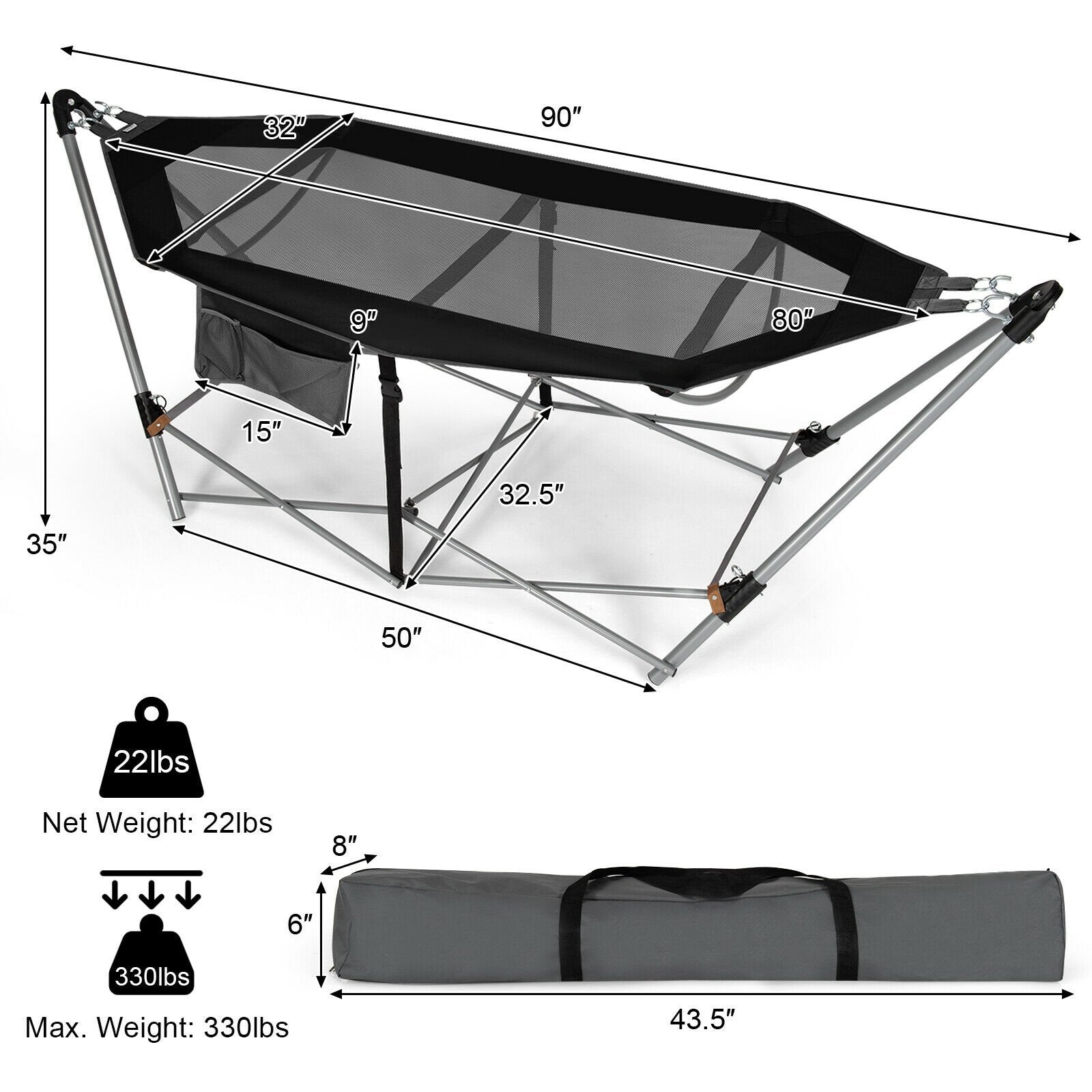 Folding Hammock Indoor Outdoor Hammock with Side Pocket and Iron Stand, Black - Gallery Canada