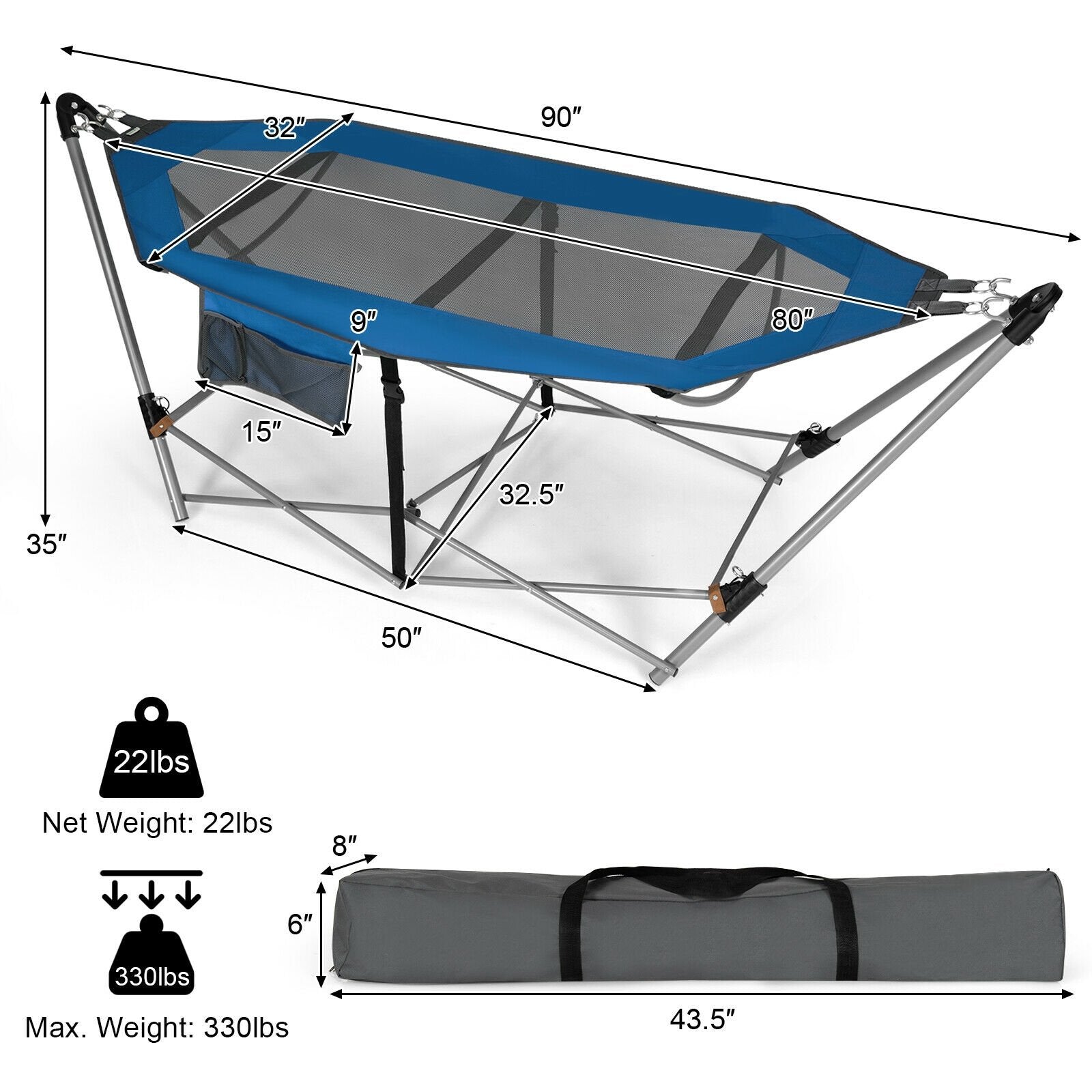 Folding Hammock Indoor Outdoor Hammock with Side Pocket and Iron Stand, Blue - Gallery Canada
