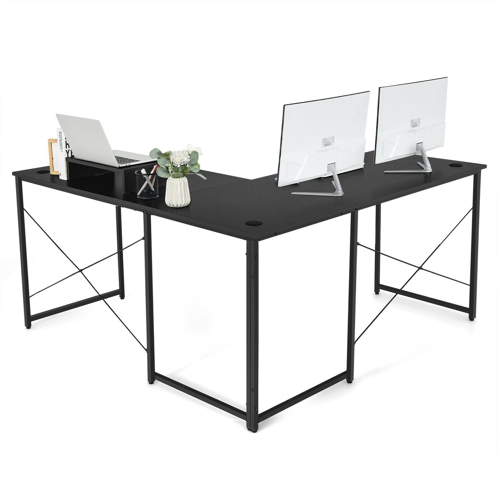 95 Inch 2-Person L-Shaped Long Reversible Computer Desk with Monitor Stand, Black L-Shaped Desks   at Gallery Canada