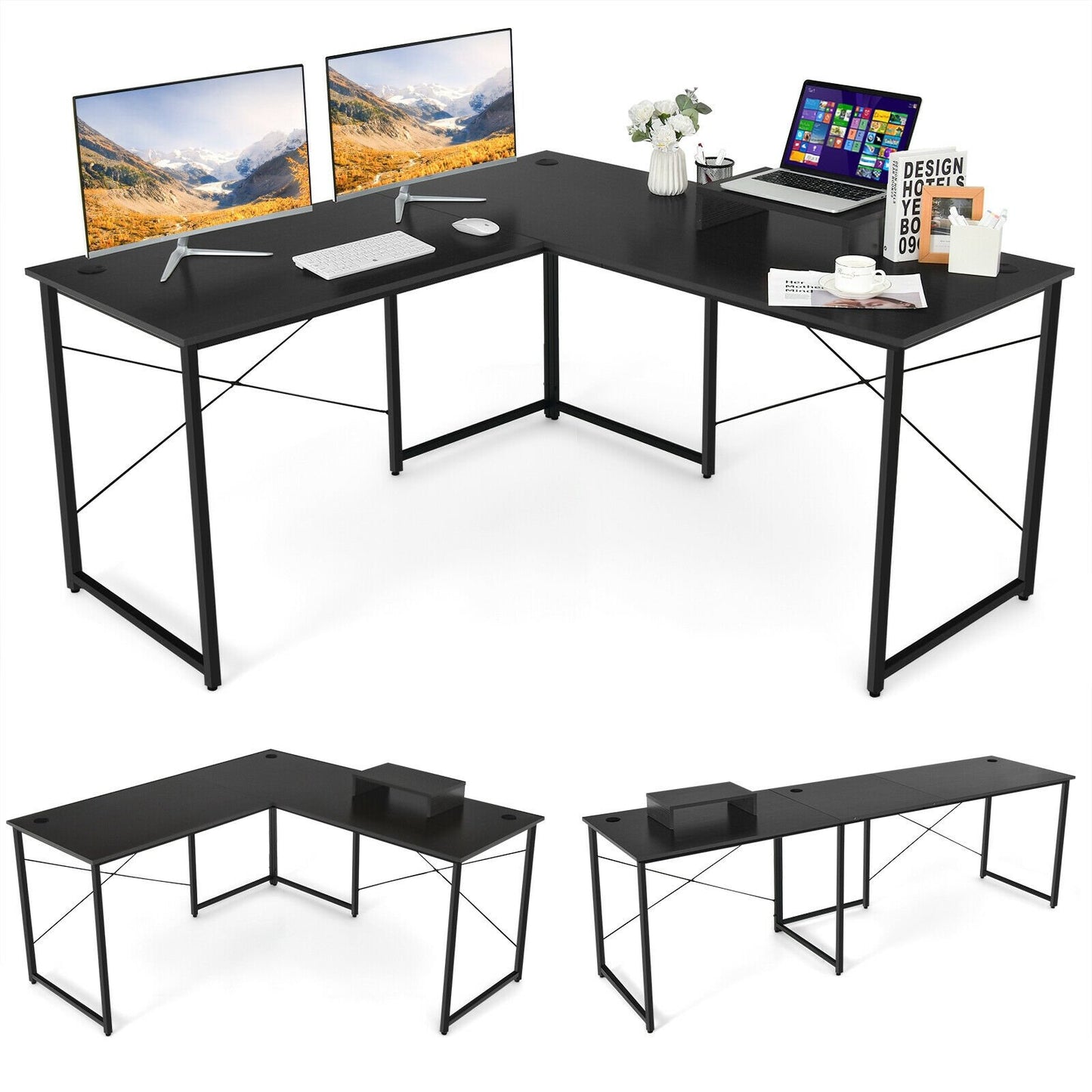 95 Inch 2-Person L-Shaped Long Reversible Computer Desk with Monitor Stand, Black L-Shaped Desks   at Gallery Canada