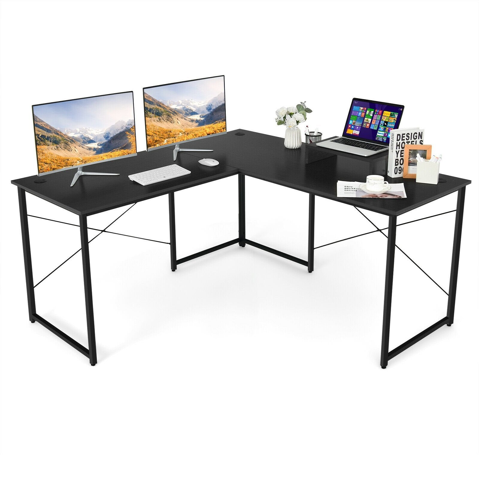 95 Inch 2-Person L-Shaped Long Reversible Computer Desk with Monitor Stand, Black L-Shaped Desks   at Gallery Canada