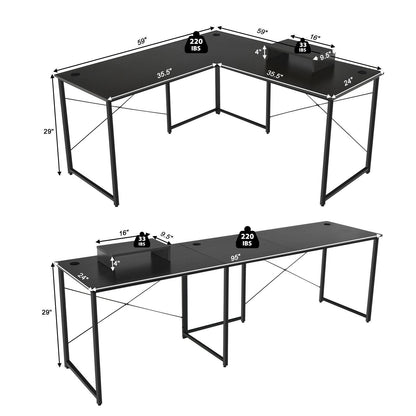 95 Inch 2-Person L-Shaped Long Reversible Computer Desk with Monitor Stand, Black L-Shaped Desks   at Gallery Canada