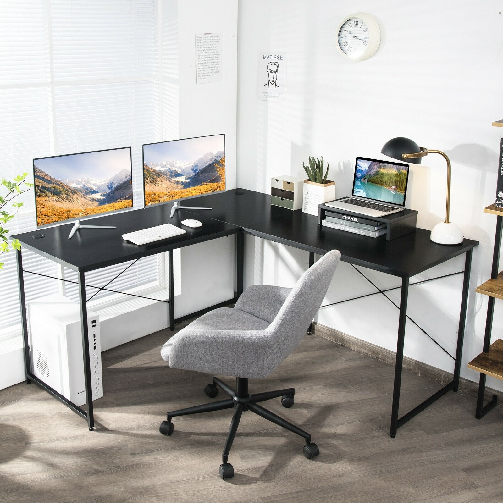 95 Inch 2-Person L-Shaped Long Reversible Computer Desk with Monitor Stand, Black L-Shaped Desks   at Gallery Canada