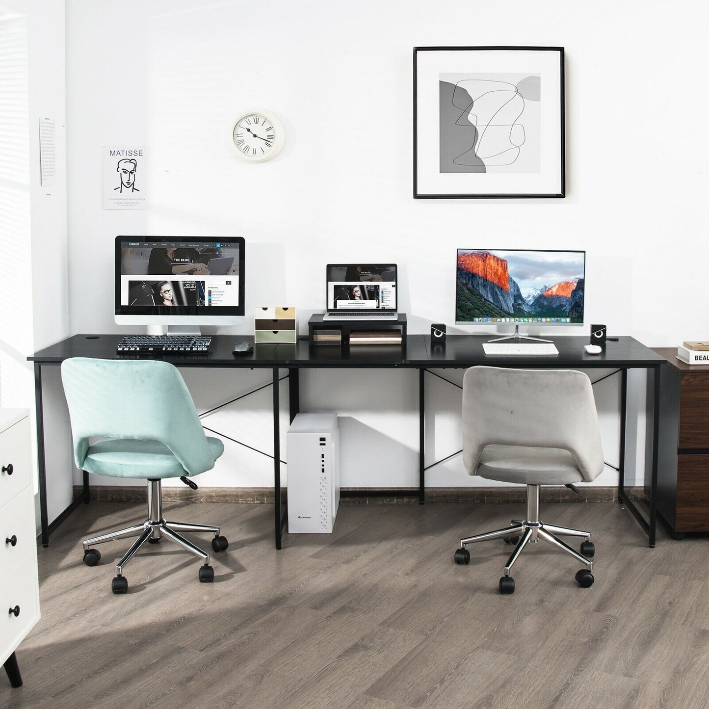 95 Inch 2-Person L-Shaped Long Reversible Computer Desk with Monitor Stand, Black L-Shaped Desks   at Gallery Canada