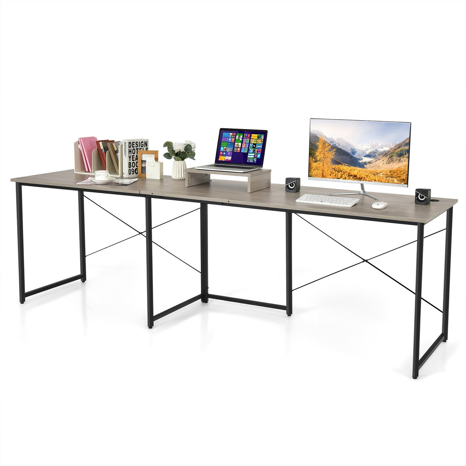 95 Inch 2-Person L-Shaped Long Reversible Computer Desk with Monitor Stand, Gray L-Shaped Desks   at Gallery Canada