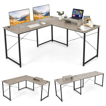 95 Inch 2-Person L-Shaped Long Reversible Computer Desk with Monitor Stand, Gray L-Shaped Desks   at Gallery Canada