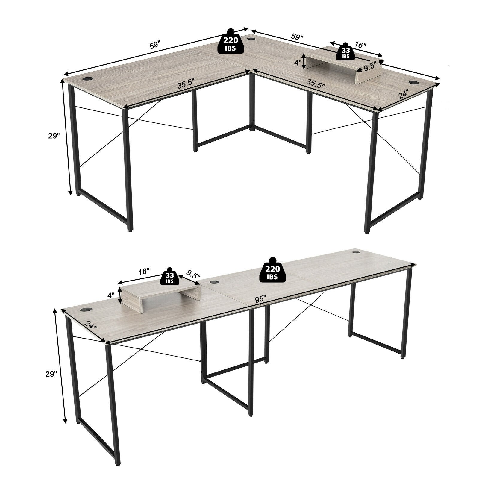 95 Inch 2-Person L-Shaped Long Reversible Computer Desk with Monitor Stand, Gray L-Shaped Desks   at Gallery Canada