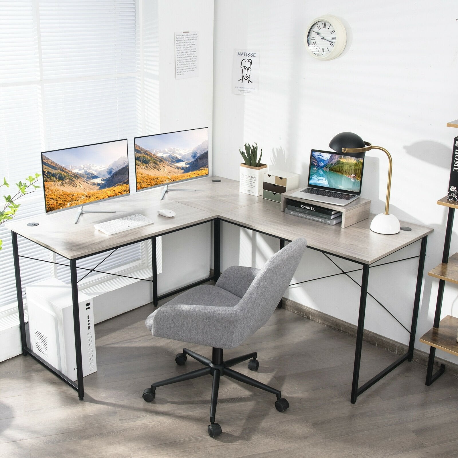 95 Inch 2-Person L-Shaped Long Reversible Computer Desk with Monitor Stand, Gray L-Shaped Desks   at Gallery Canada