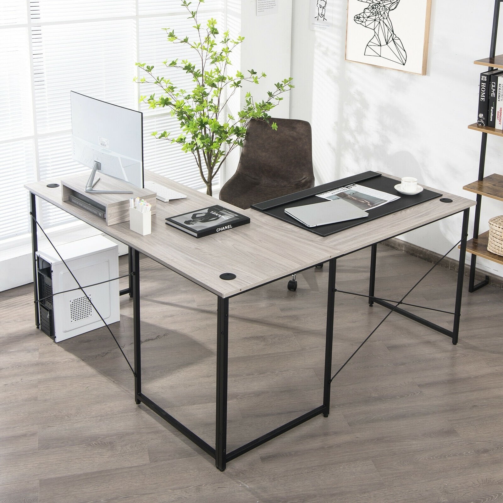 95 Inch 2-Person L-Shaped Long Reversible Computer Desk with Monitor Stand, Gray L-Shaped Desks   at Gallery Canada