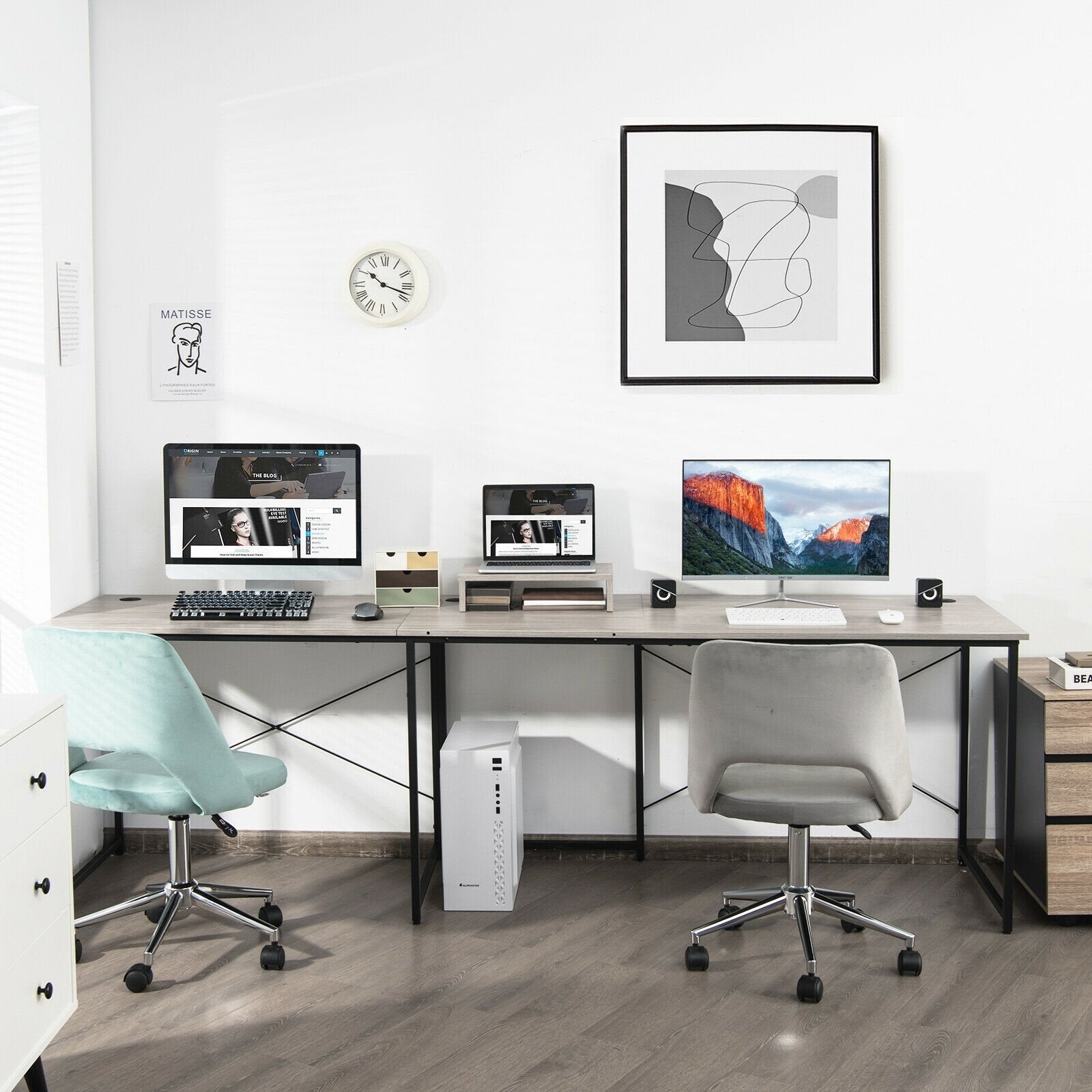 95 Inch 2-Person L-Shaped Long Reversible Computer Desk with Monitor Stand, Gray L-Shaped Desks   at Gallery Canada