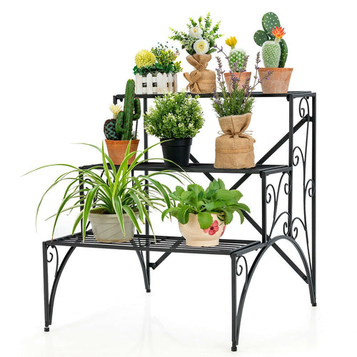 3-Tier Metal Plant Stand with Widened Grid Shelf for Porch Garden, Black